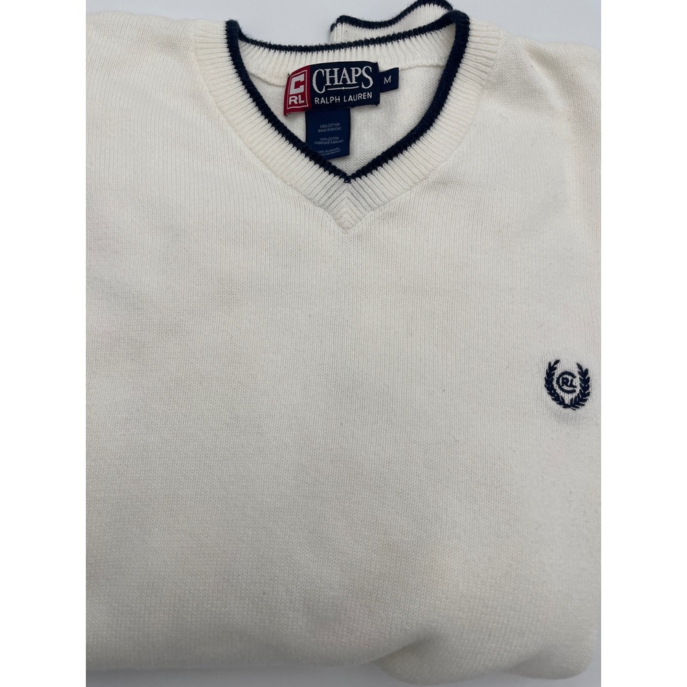 Chaps Ralph Lauren Mens White Cotton V-Neck Sweater Navy Trim Crest Size M